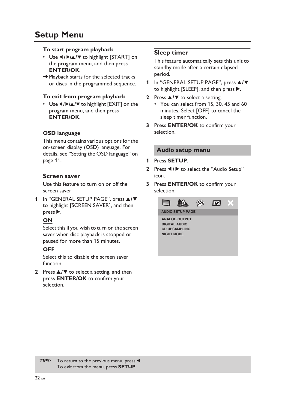 Osd language, Screen saver, Sleep timer | Audio setup menu, Osd language screen saver sleep timer, Setup menu | Yamaha DV-C6860 User Manual | Page 26 / 148