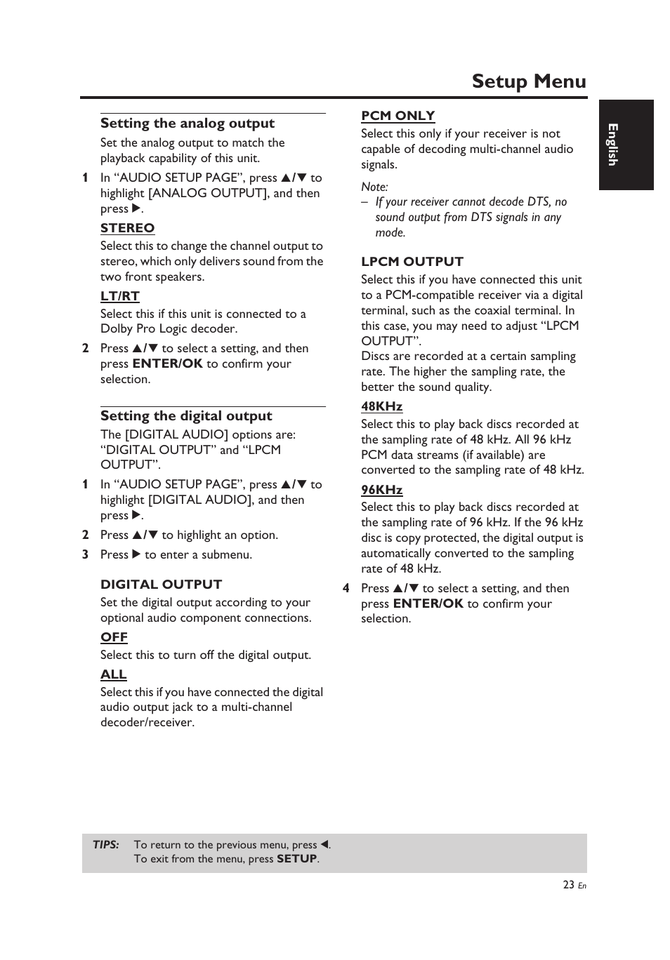Setting the analog output, Setting the digital output, Setup menu | Yamaha DV-C6860 User Manual | Page 27 / 148