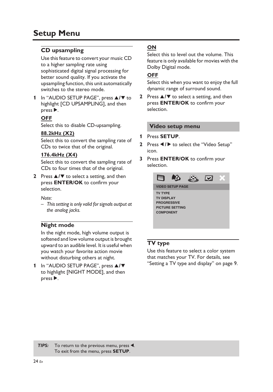 Cd upsampling, Night mode, Video setup menu | Tv type, Cd upsampling night mode, Setup menu | Yamaha DV-C6860 User Manual | Page 28 / 148