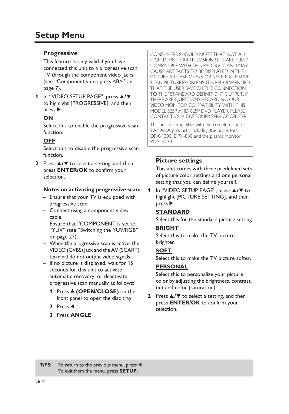 Progressive, Picture settings, Progressive picture settings | Setup menu | Yamaha DV-C6860 User Manual | Page 30 / 148