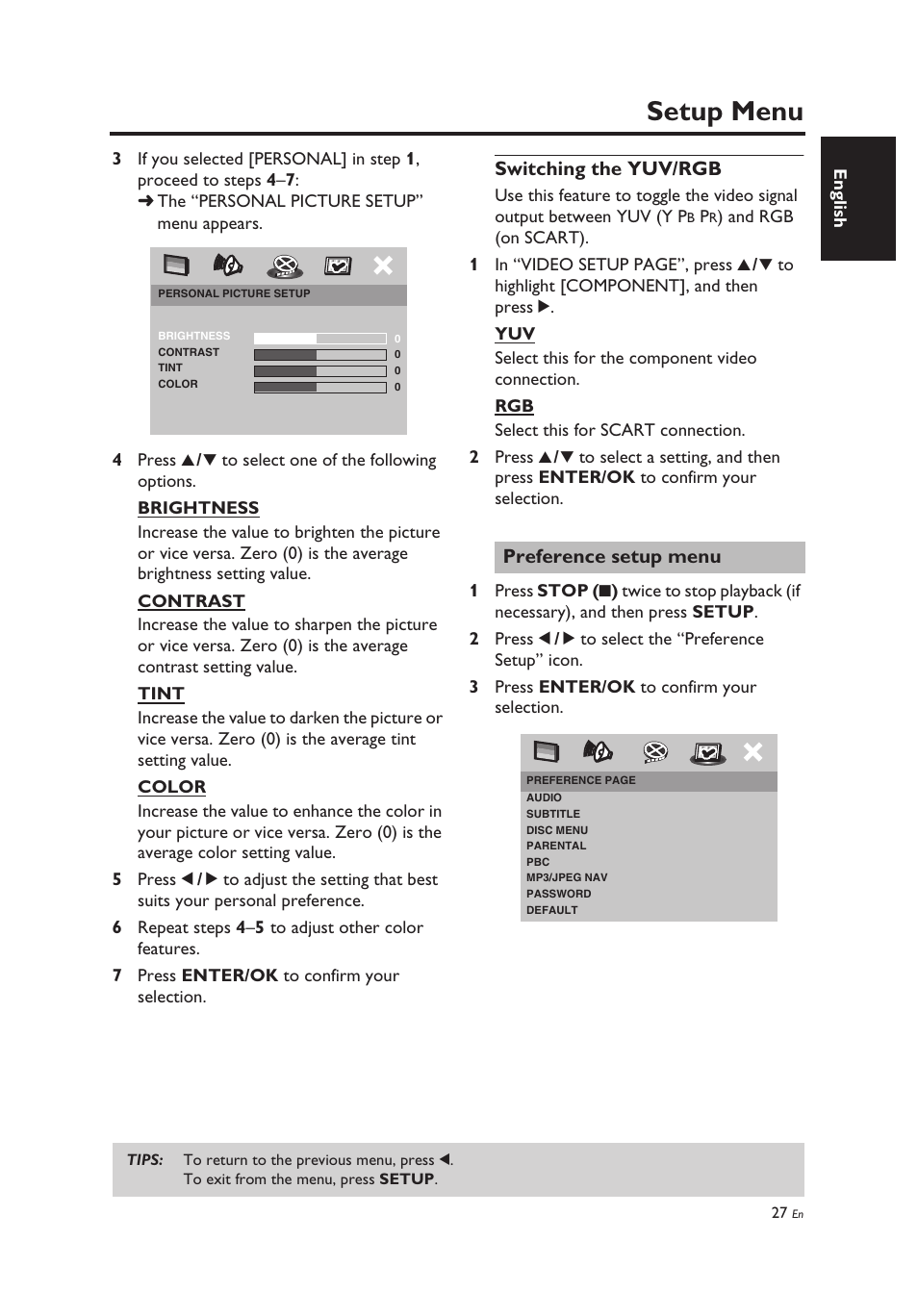 Switching the yuv/rgb, Preference setup menu, Setup menu | Yamaha DV-C6860 User Manual | Page 31 / 148