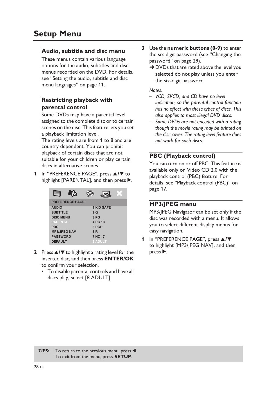 Audio, subtitle and disc menu, Restricting playback with parental control, Pbc (playback control) | Mp3/jpeg menu, Setup menu | Yamaha DV-C6860 User Manual | Page 32 / 148