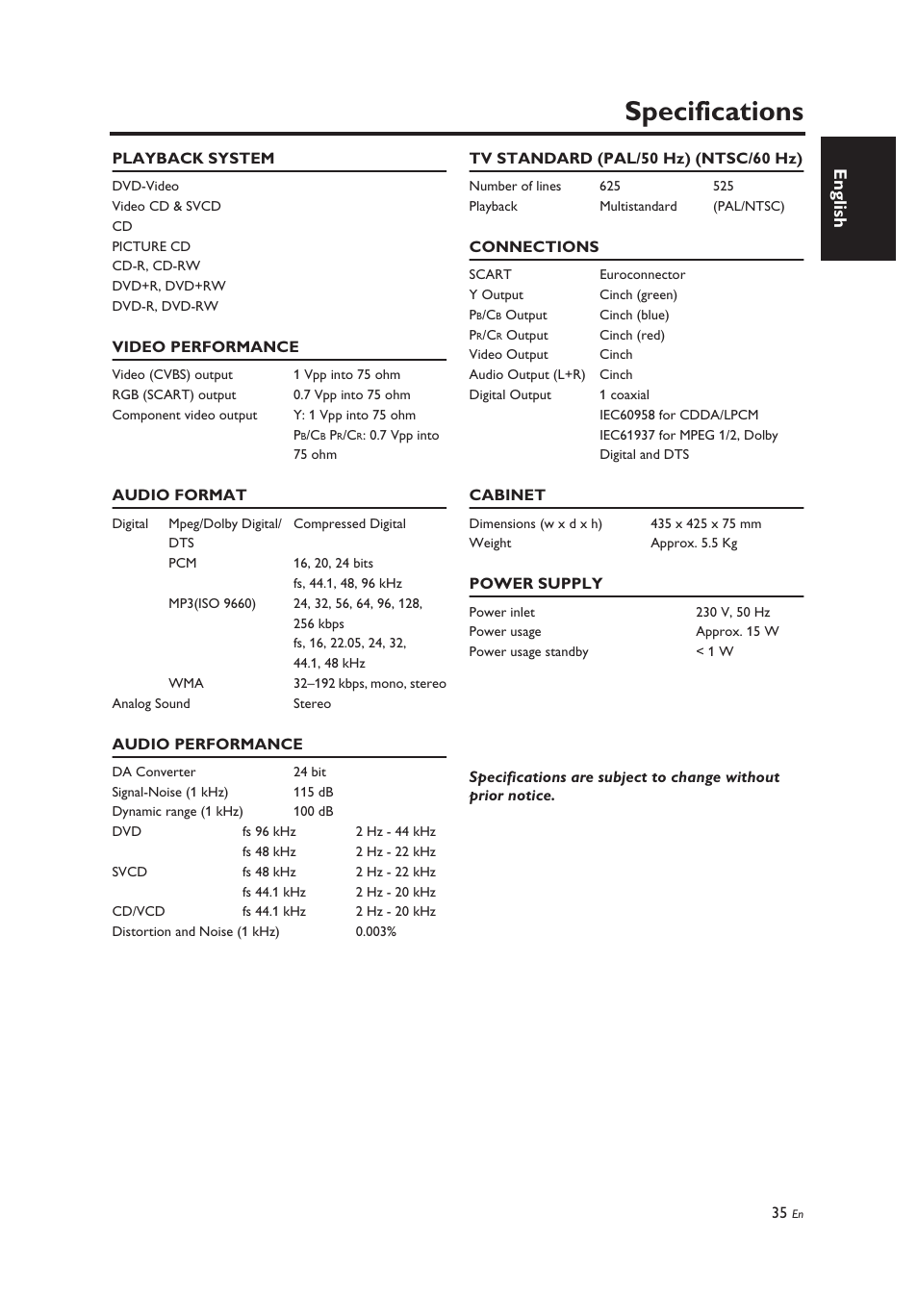 Specifications, English | Yamaha DV-C6860 User Manual | Page 39 / 148