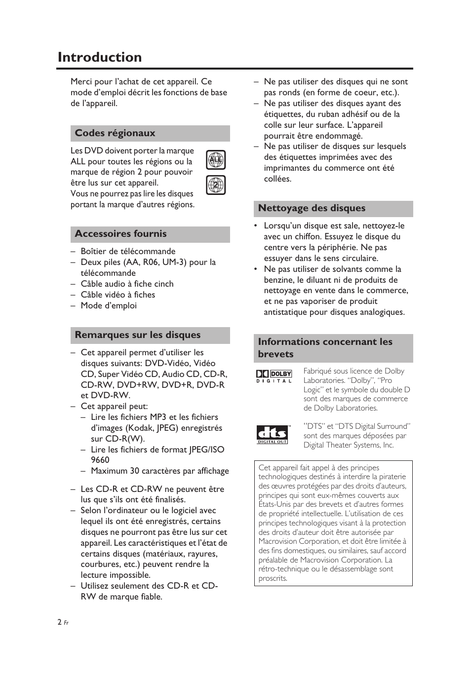 Introduction, Codes régionaux, Accessoires fournis | Remarques sur les disques, Nettoyage des disques, Informations concernant les brevets | Yamaha DV-C6860 User Manual | Page 42 / 148