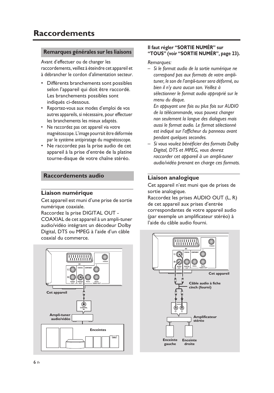 Raccordements, Remarques générales sur les liaisons, Raccordements audio | Liaison numérique, Liaison analogique, Liaison numérique liaison analogique | Yamaha DV-C6860 User Manual | Page 46 / 148