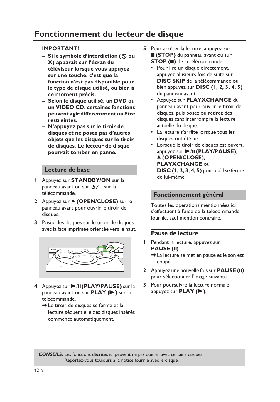 Fonctionnement du lecteur de disque, Lecture de base, Fonctionnement général | Pause de lecture, Lecture de base fonctionnement général | Yamaha DV-C6860 User Manual | Page 52 / 148