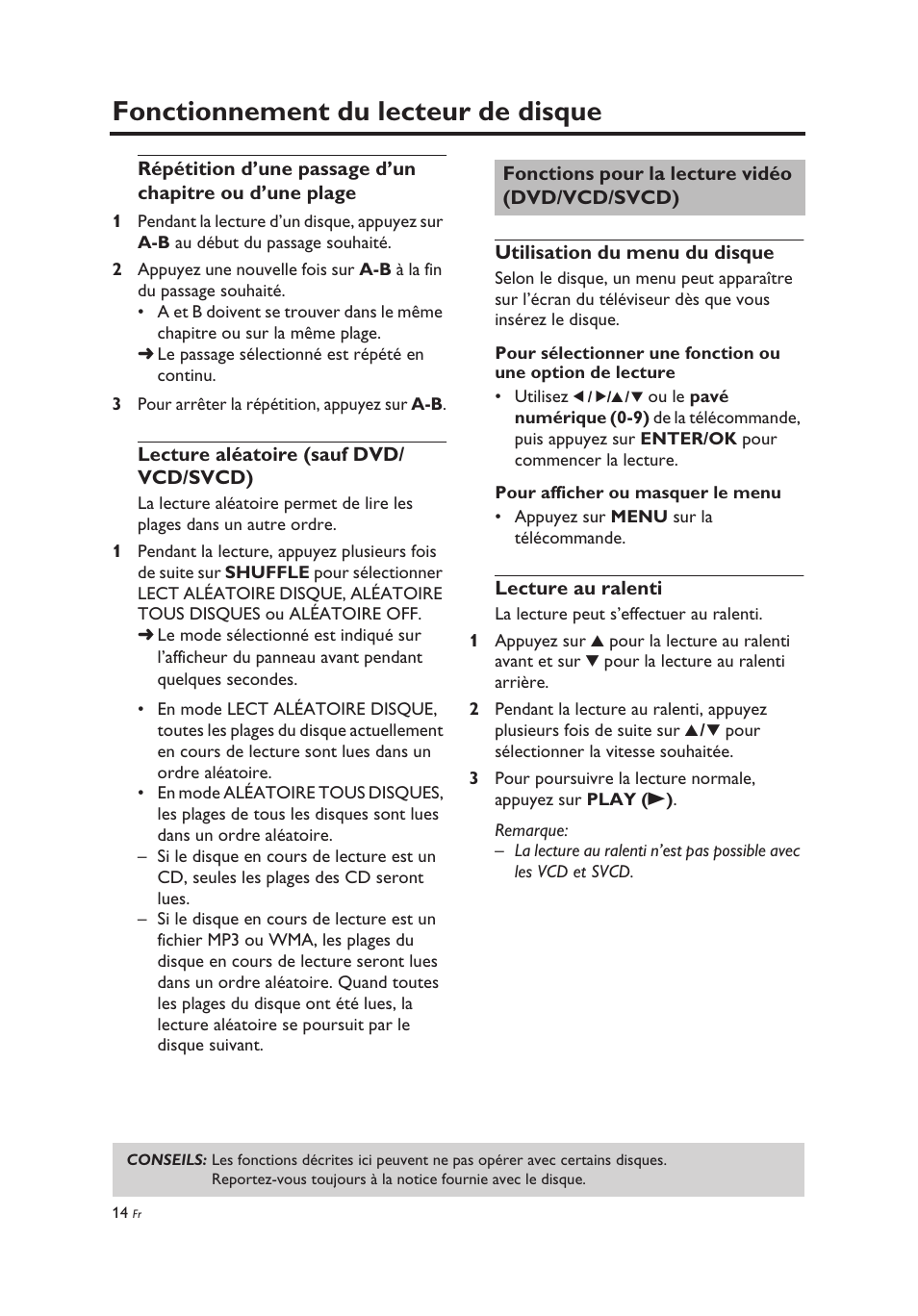 Lecture aléatoire (sauf dvd/ vcd/svcd), Fonctions pour la lecture vidéo (dvd/vcd/svcd), Utilisation du menu du disque | Lecture au ralenti, Utilisation du menu du disque lecture au ralenti, Fonctionnement du lecteur de disque | Yamaha DV-C6860 User Manual | Page 54 / 148