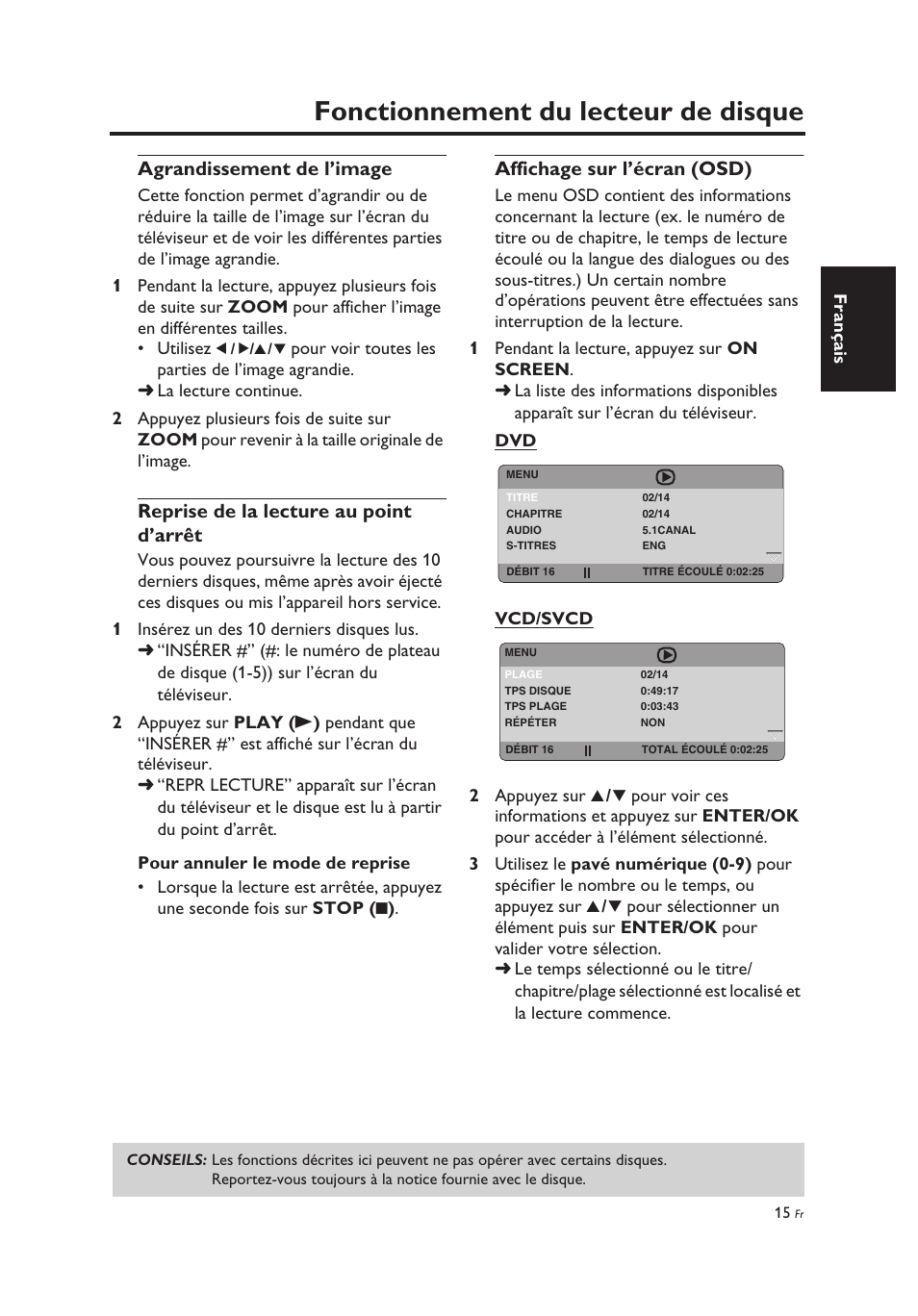 Agrandissement de l’image, Reprise de la lecture au point d’arrêt, Affichage sur l’écran (osd) | Fonctionnement du lecteur de disque | Yamaha DV-C6860 User Manual | Page 55 / 148