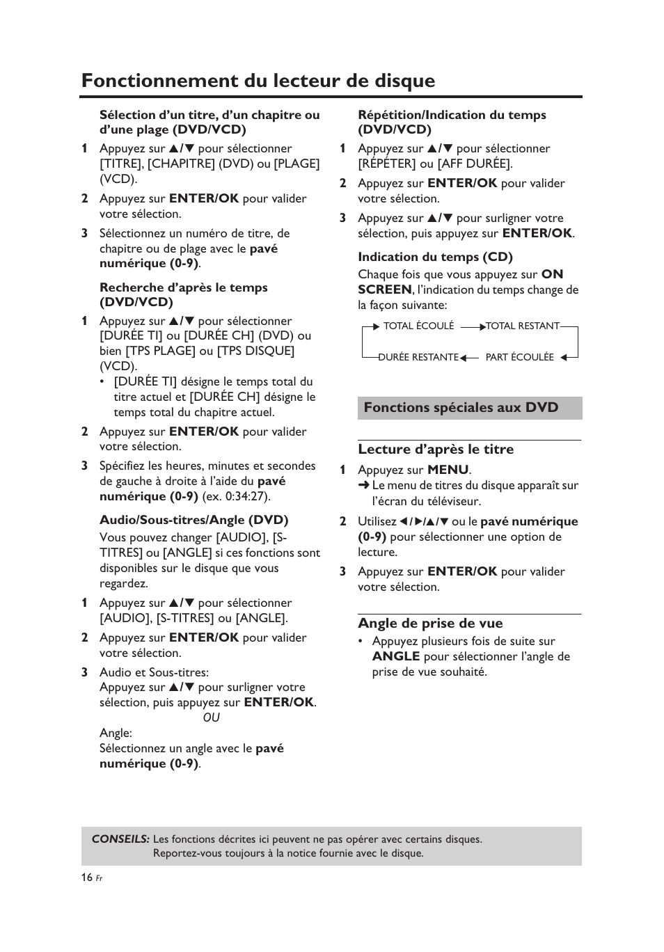 Fonctions spéciales aux dvd, Lecture d’après le titre, Angle de prise de vue | Lecture d’après le titre angle de prise de vue, Fonctionnement du lecteur de disque | Yamaha DV-C6860 User Manual | Page 56 / 148