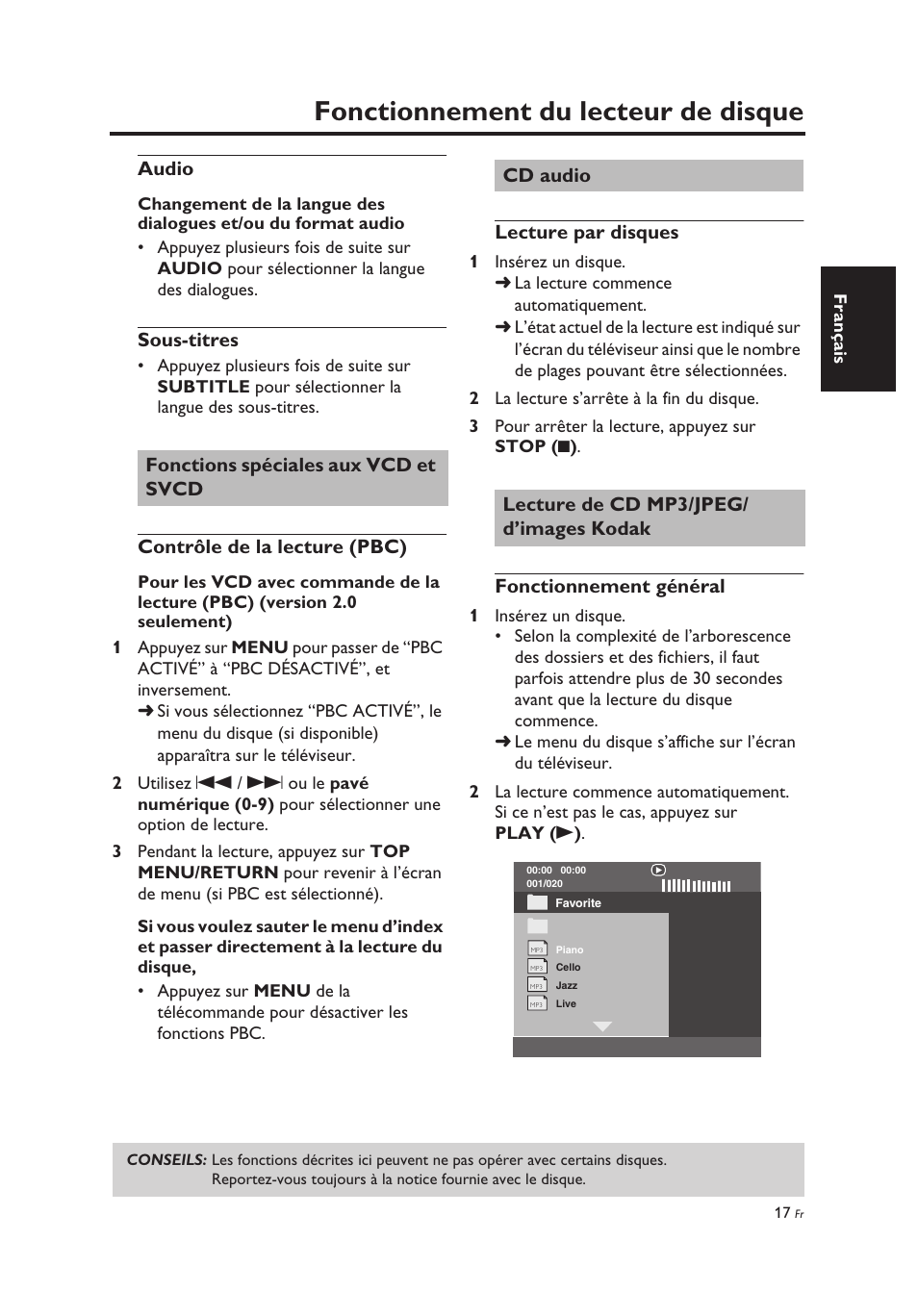 Audio, Sous-titres, Fonctions spéciales aux vcd et svcd | Contrôle de la lecture (pbc), Cd audio, Lecture par disques, Lecture de cd mp3/jpeg/ d’images kodak, Fonctionnement général, Audio sous-titres, Lecture de cd mp3/jpeg/d’images kodak | Yamaha DV-C6860 User Manual | Page 57 / 148