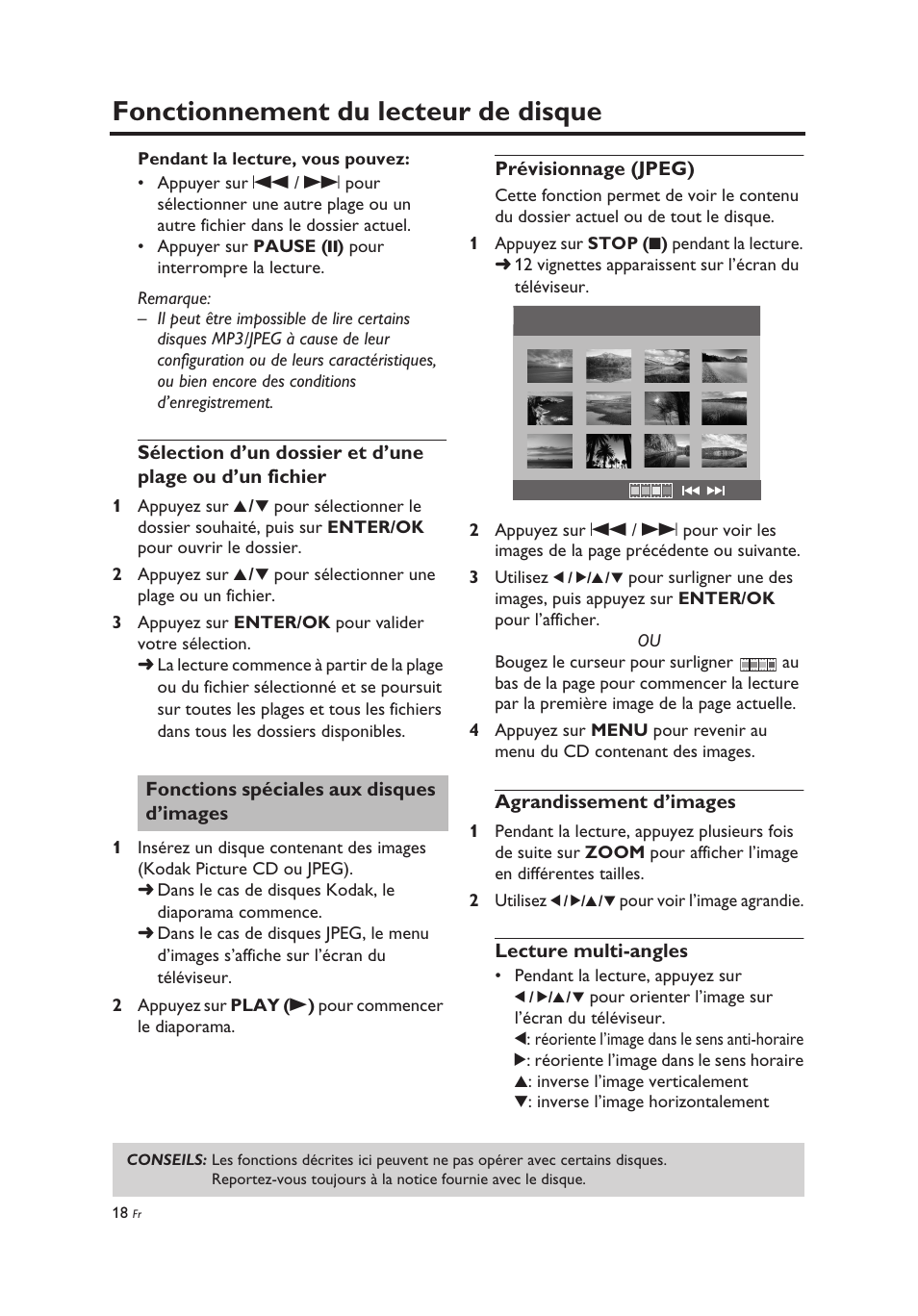 Fonctions spéciales aux disques d’images, Prévisionnage (jpeg), Agrandissement d’images | Lecture multi-angles, Fonctionnement du lecteur de disque | Yamaha DV-C6860 User Manual | Page 58 / 148