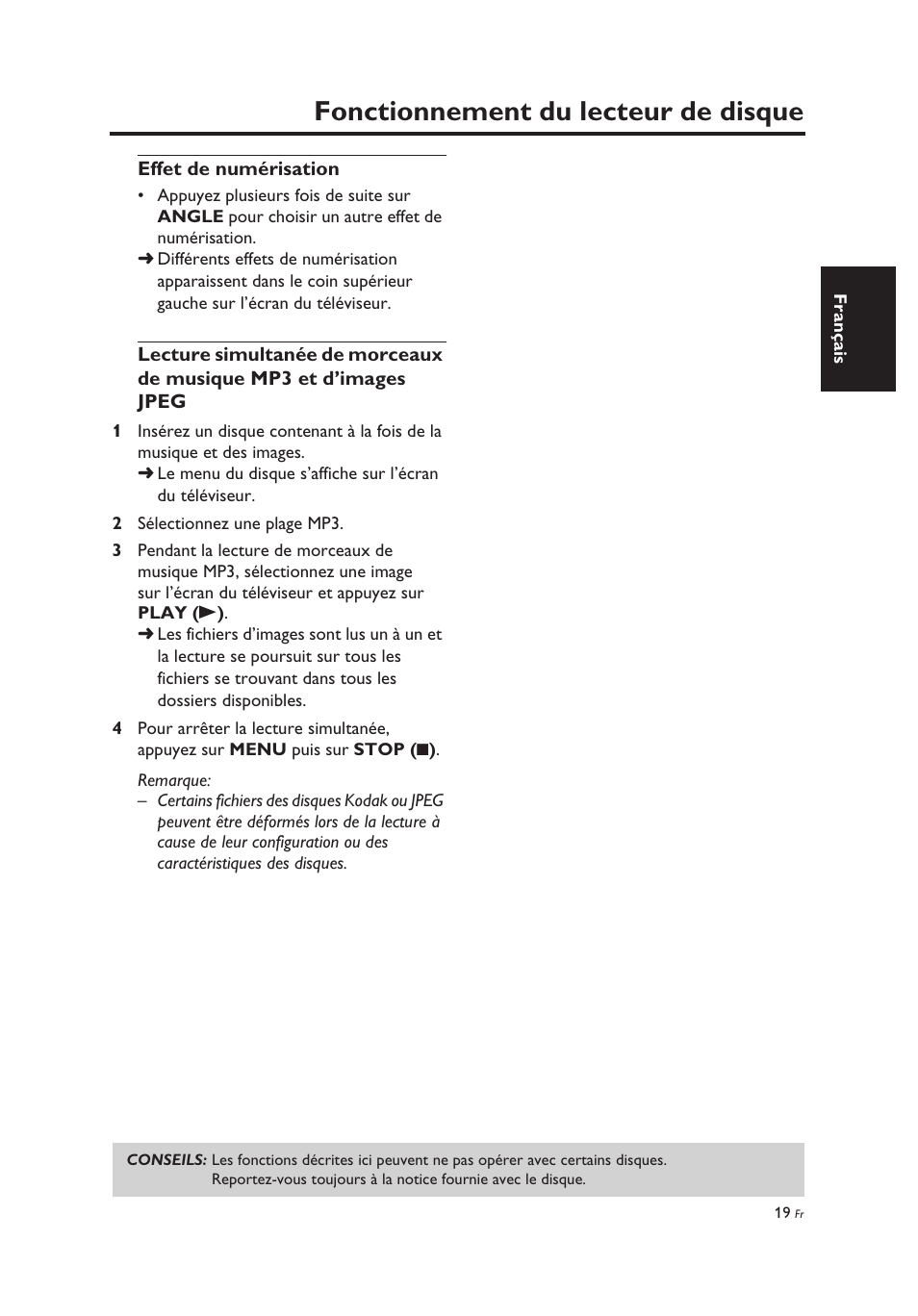 Effet de numérisation, Fonctionnement du lecteur de disque | Yamaha DV-C6860 User Manual | Page 59 / 148