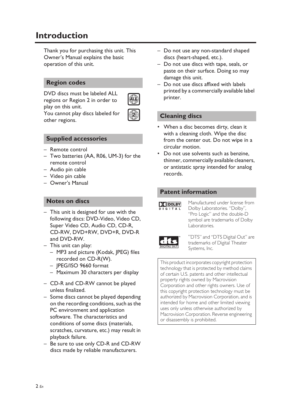 Introduction, Region codes, Supplied accessories | Notes on discs, Cleaning discs, Patent information | Yamaha DV-C6860 User Manual | Page 6 / 148