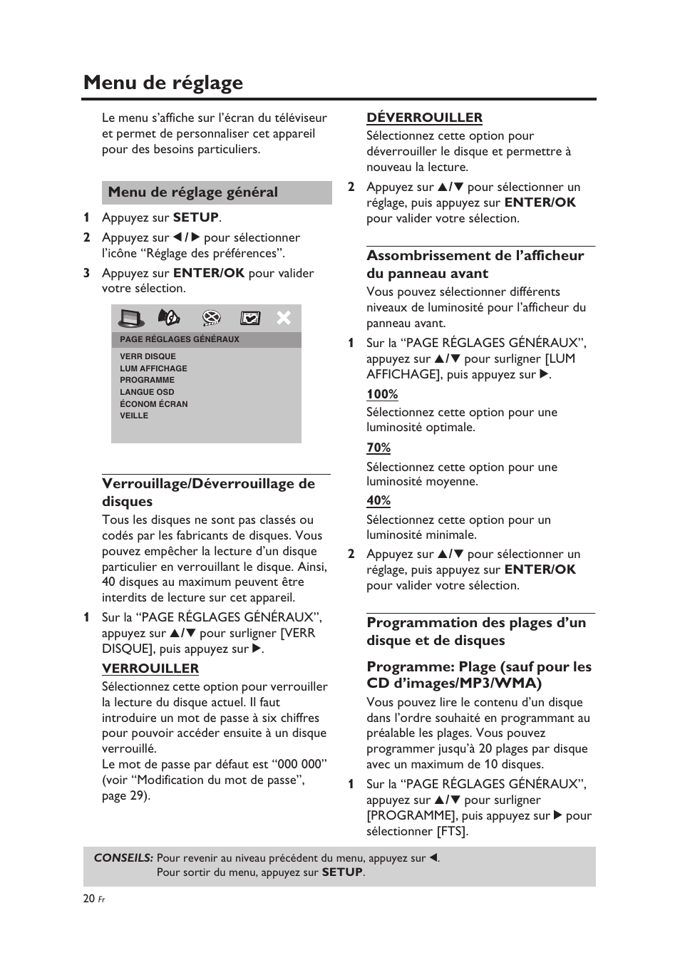 Menu de réglage, Menu de réglage général, Verrouillage/déverrouillage de disques | Assombrissement de l’afficheur du panneau avant, Programmation des plages d’un disque et de disques | Yamaha DV-C6860 User Manual | Page 60 / 148