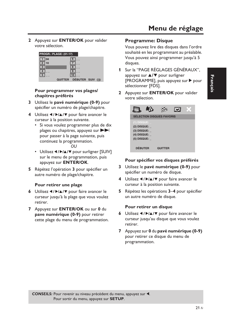 Menu de réglage, Programme: disque | Yamaha DV-C6860 User Manual | Page 61 / 148