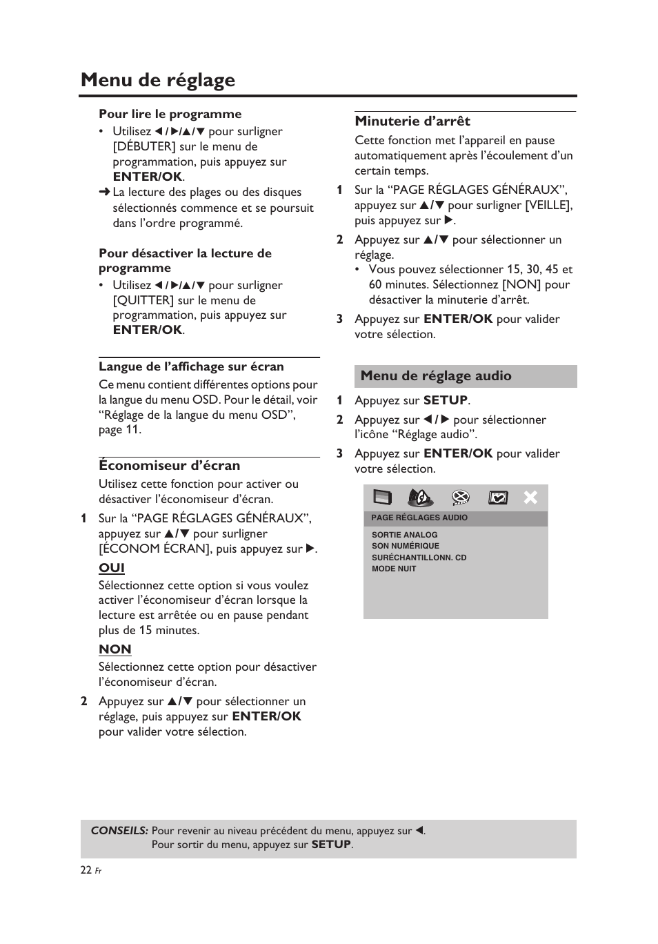 Langue de l’affichage sur écran, Économiseur d’écran, Minuterie d’arrêt | Menu de réglage audio, Menu de réglage | Yamaha DV-C6860 User Manual | Page 62 / 148