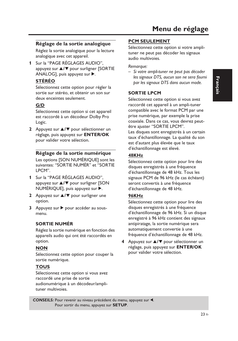 Réglage de la sortie analogique, Réglage de la sortie numérique, Menu de réglage | Yamaha DV-C6860 User Manual | Page 63 / 148