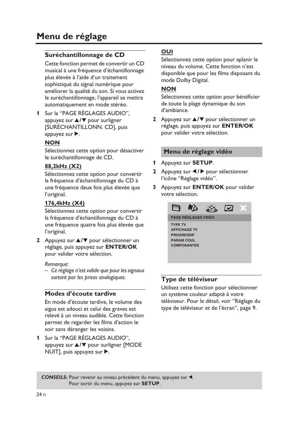 Suréchantillonnage de cd, Modes d’écoute tardive, Menu de réglage vidéo | Type de téléviseur, Suréchantillonnage de cd modes d’écoute tardive, Menu de réglage | Yamaha DV-C6860 User Manual | Page 64 / 148
