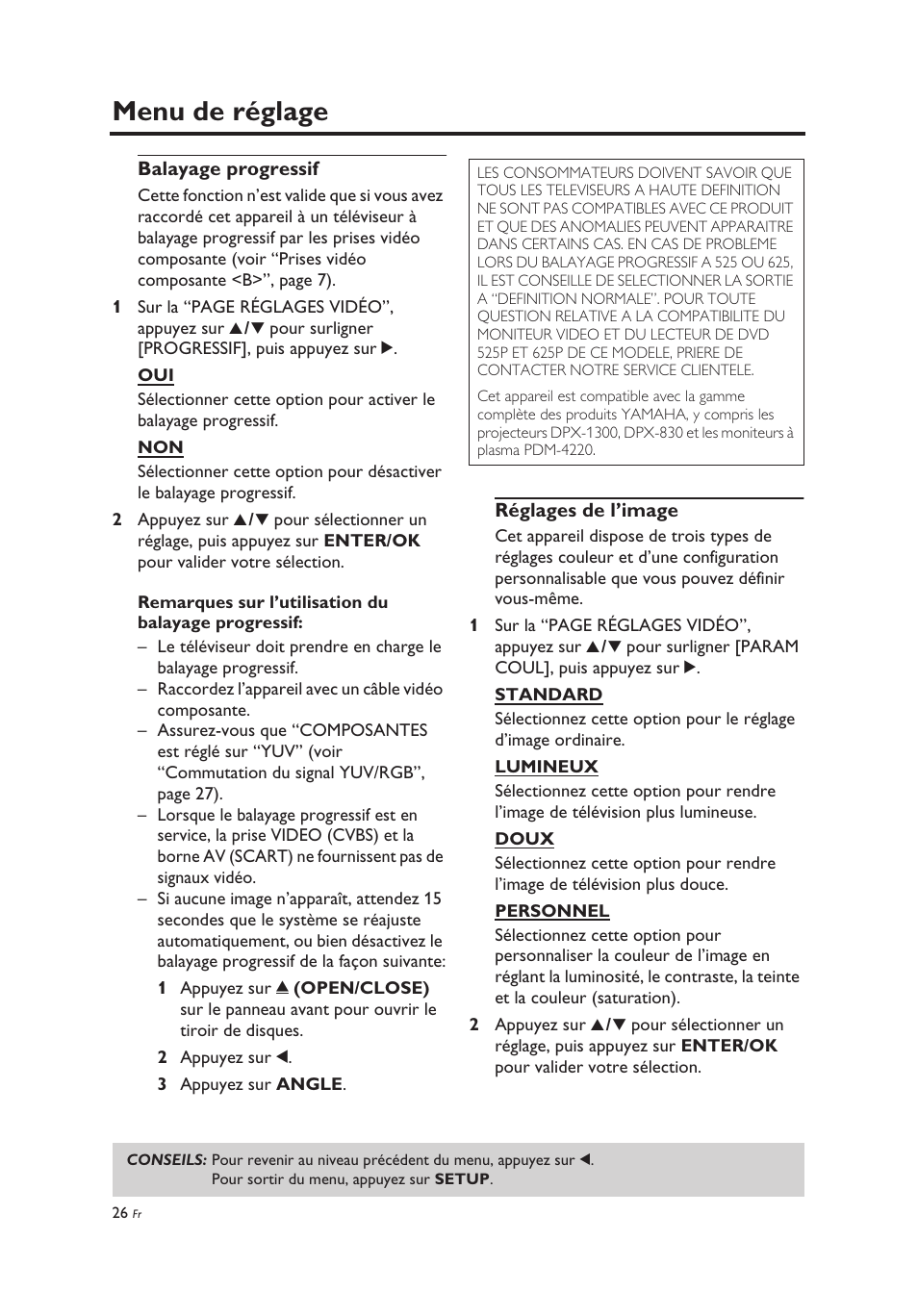 Balayage progressif, Réglages de l’image, Balayage progressif réglages de l’image | Menu de réglage | Yamaha DV-C6860 User Manual | Page 66 / 148