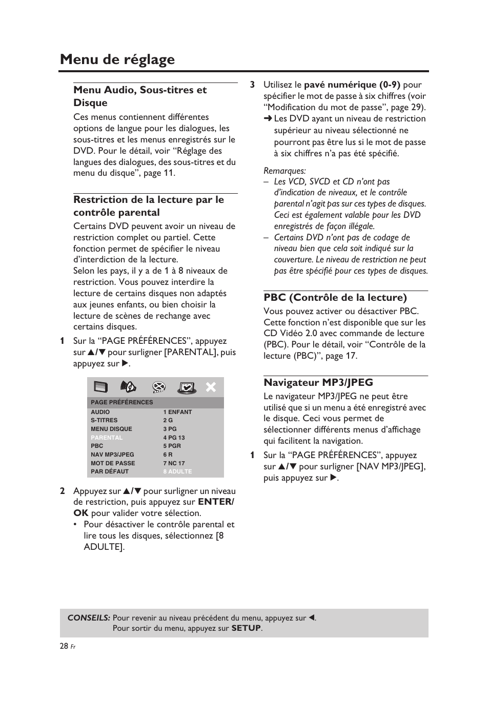 Menu audio, sous-titres et disque, Restriction de la lecture par le contrôle parental, Pbc (contrôle de la lecture) | Navigateur mp3/jpeg, Menu de réglage | Yamaha DV-C6860 User Manual | Page 68 / 148