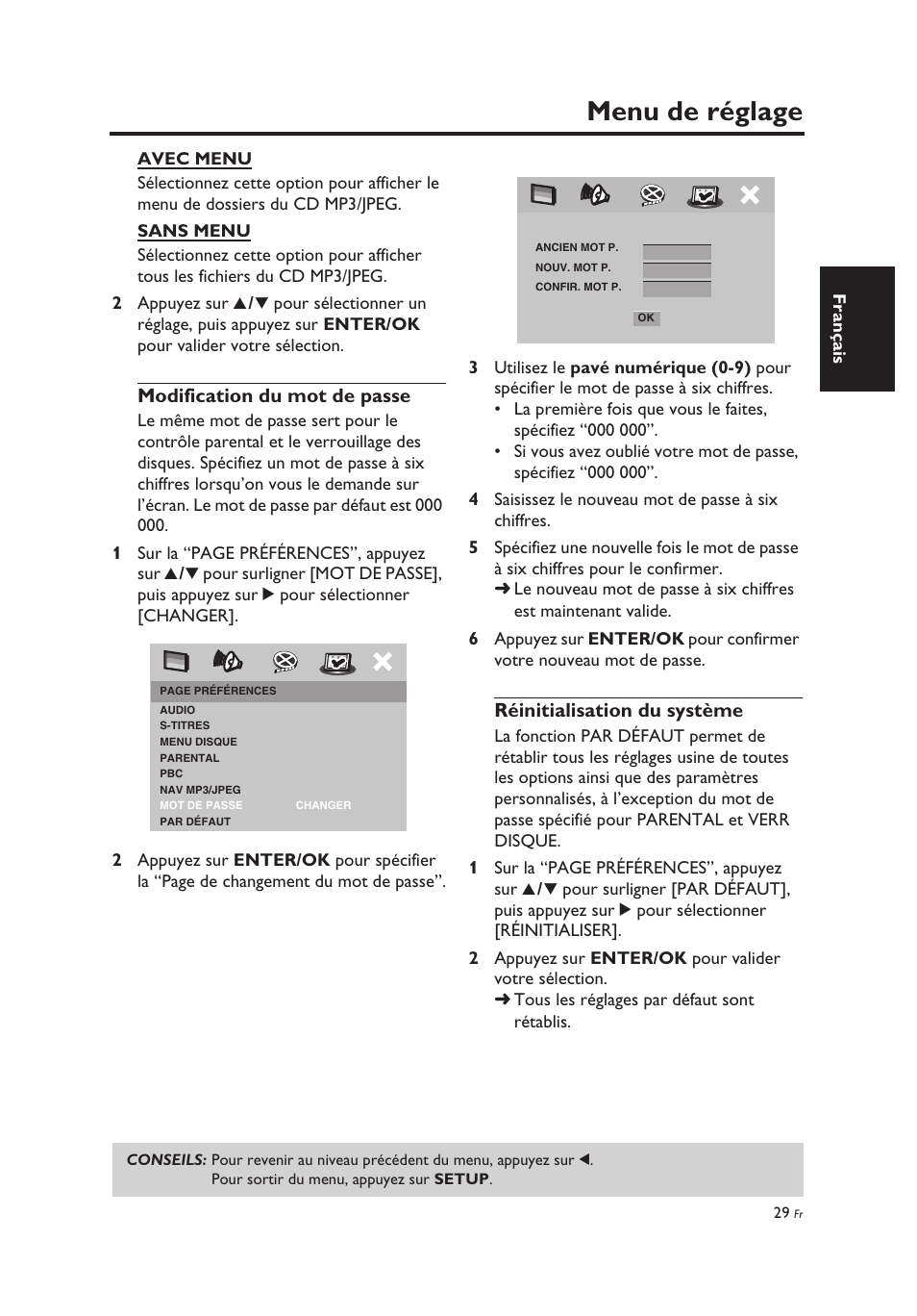 Modification du mot de passe, Réinitialisation du système, Menu de réglage | Yamaha DV-C6860 User Manual | Page 69 / 148