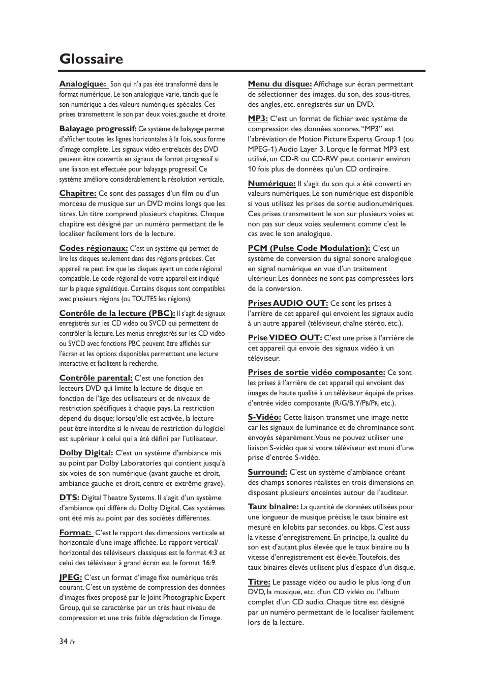 Glossaire | Yamaha DV-C6860 User Manual | Page 74 / 148