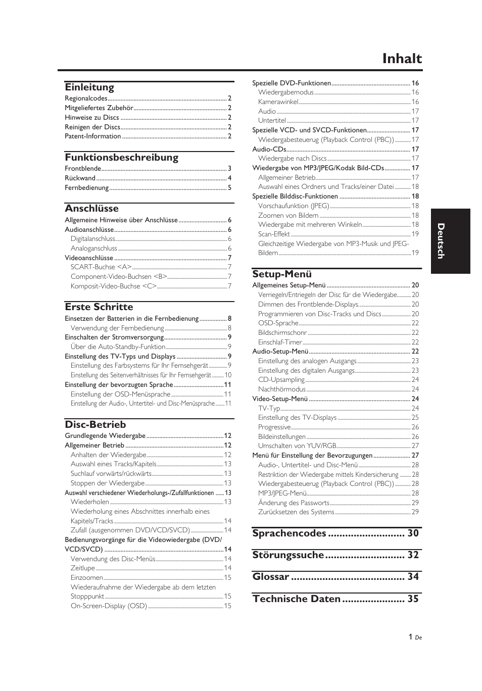 Inhalt, Einleitung, Funktionsbeschreibung | Anschlüsse, Erste schritte, Disc-betrieb, Setup-menü | Yamaha DV-C6860 User Manual | Page 77 / 148