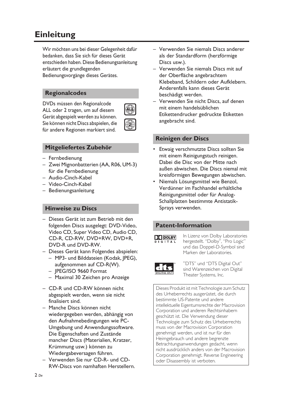 Einleitung, Regionalcodes, Mitgeliefertes zubehör | Hinweise zu discs, Reinigen der discs, Patent-information | Yamaha DV-C6860 User Manual | Page 78 / 148