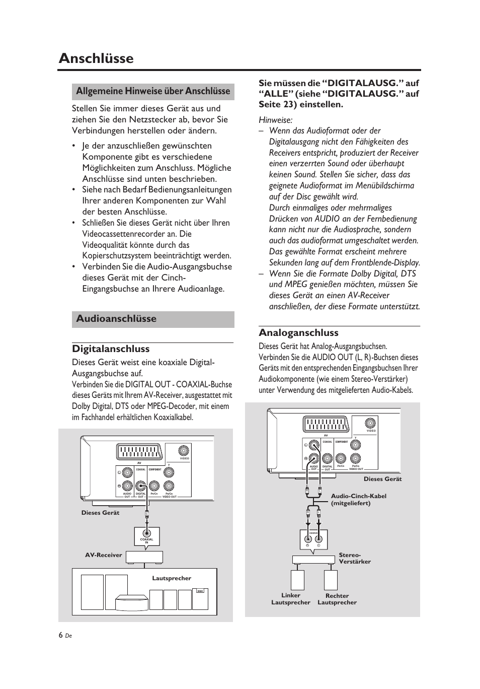 Anschlüsse, Allgemeine hinweise über anschlüsse, Audioanschlüsse | Digitalanschluss, Analoganschluss, Digitalanschluss analoganschluss | Yamaha DV-C6860 User Manual | Page 82 / 148