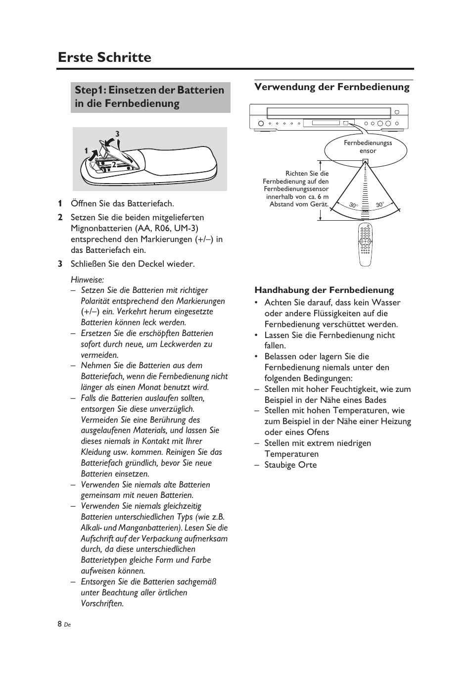 Erste schritte, Verwendung der fernbedienung, Einsetzen der batterien in die fernbedienung | Yamaha DV-C6860 User Manual | Page 84 / 148