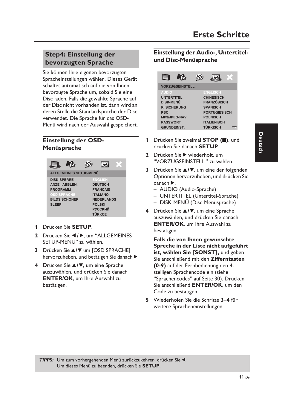 Step4: einstellung der bevorzugten sprache, Einstellung der osd- menüsprache, Einstellung der bevorzugten sprache | Erste schritte, Deutsch, 1 drücken sie setup . 2 drücken sie 1 | Yamaha DV-C6860 User Manual | Page 87 / 148