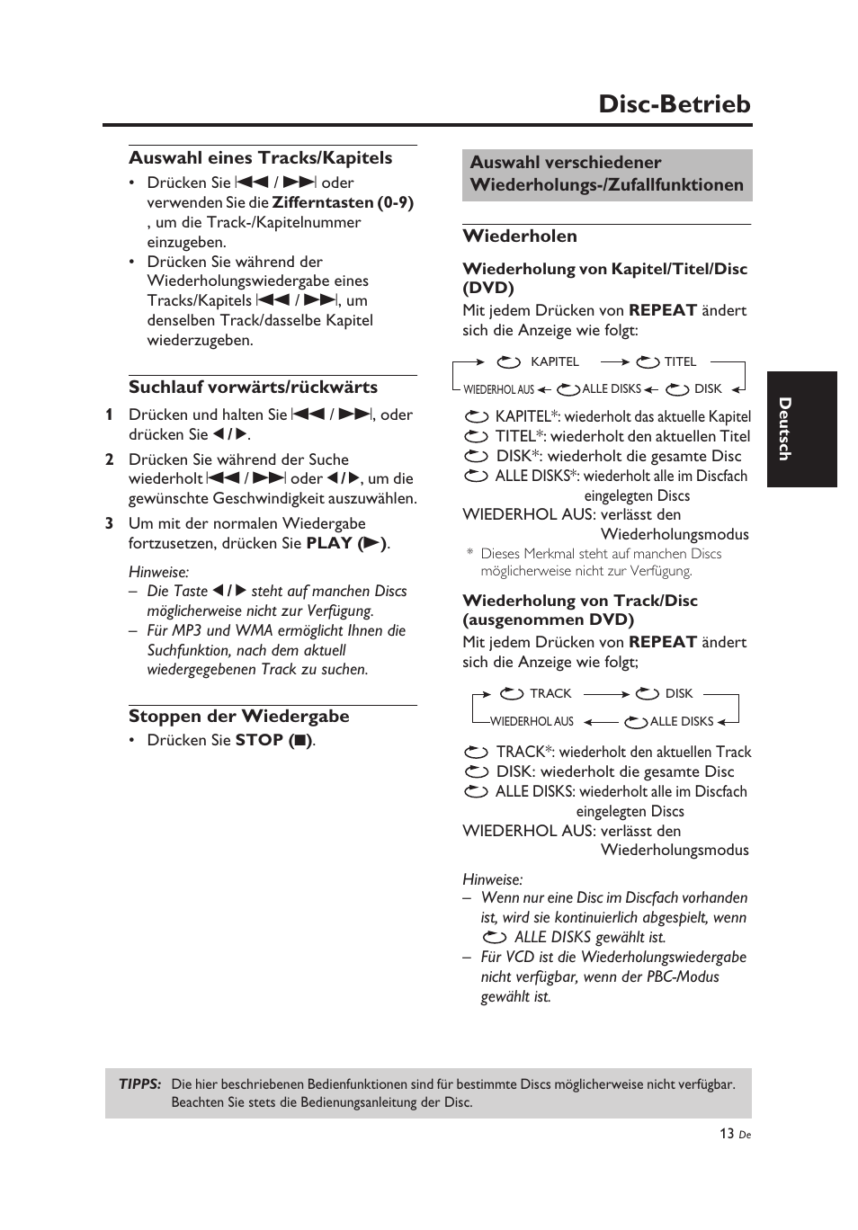 Auswahl eines tracks/kapitels, Suchlauf vorwärts/rückwärts, Stoppen der wiedergabe | Wiederholen, Disc-betrieb | Yamaha DV-C6860 User Manual | Page 89 / 148