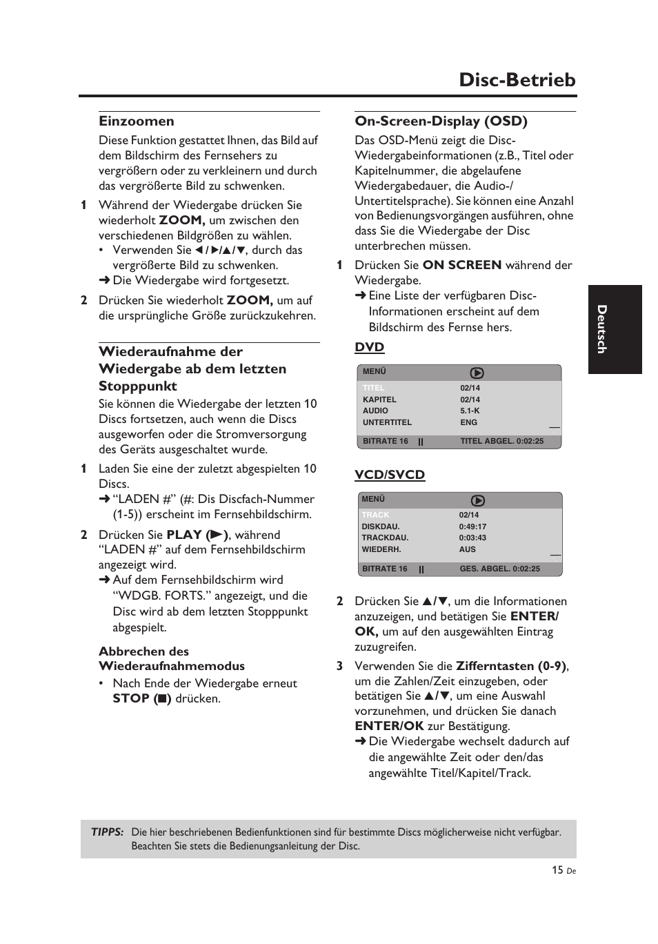 Einzoomen, On-screen-display (osd), Disc-betrieb | Yamaha DV-C6860 User Manual | Page 91 / 148