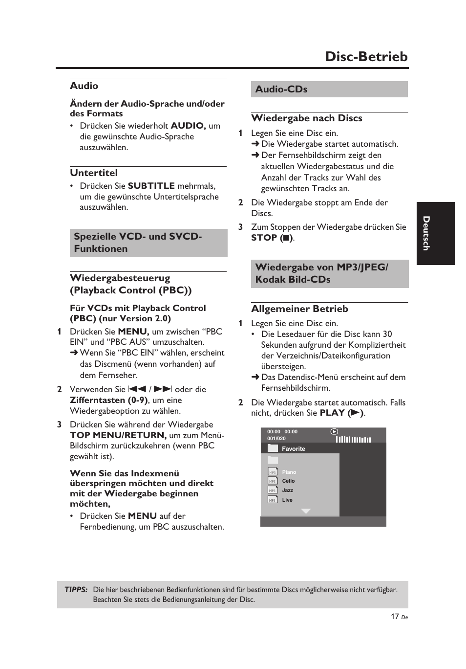 Audio, Untertitel, Spezielle vcd- und svcd- funktionen | Wiedergabesteuerug (playback control (pbc)), Audio-cds, Wiedergabe nach discs, Wiedergabe von mp3/jpeg/ kodak bild-cds, Allgemeiner betrieb, Audio untertitel, Spezielle vcd- und svcd-funktionen | Yamaha DV-C6860 User Manual | Page 93 / 148