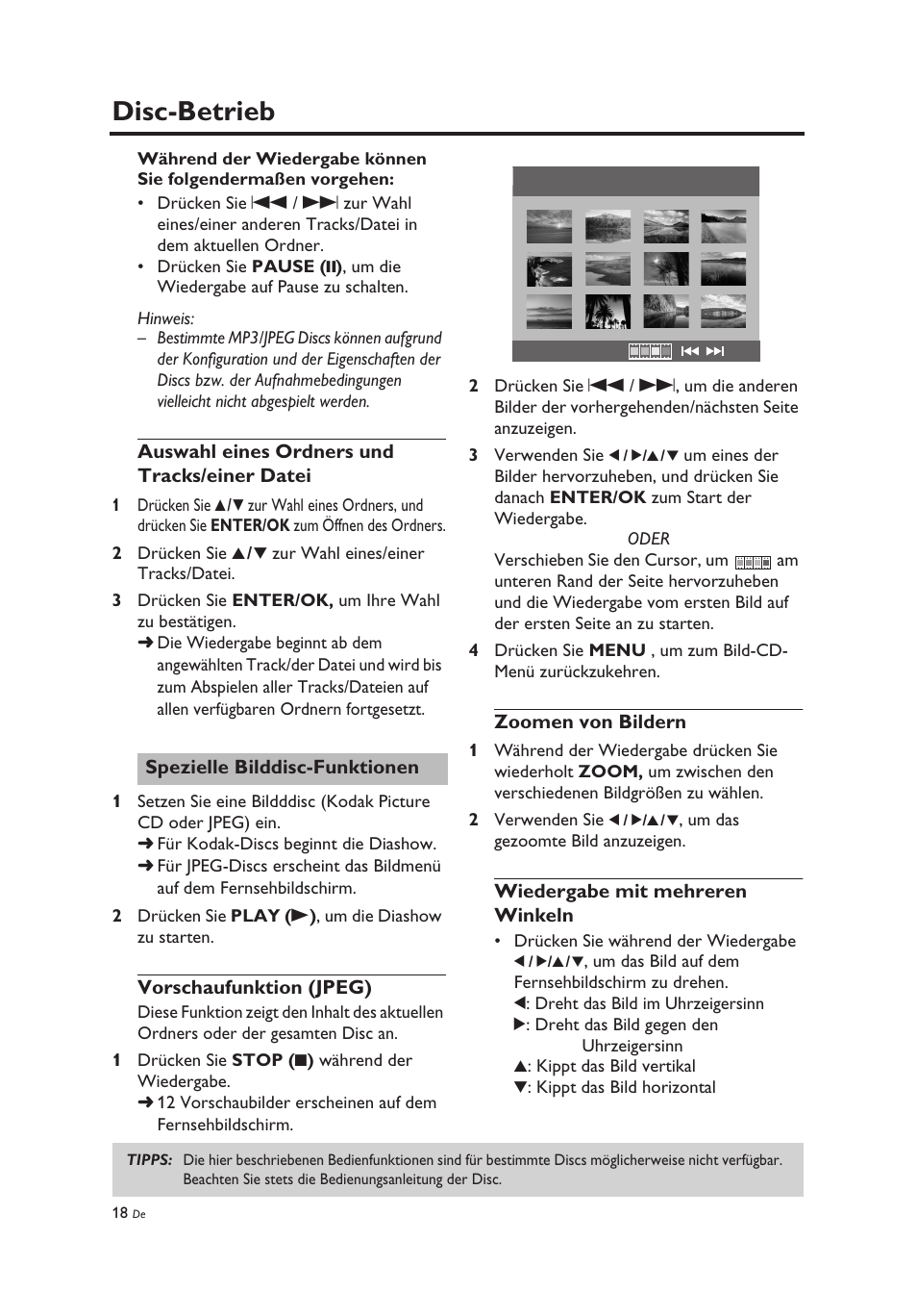 Auswahl eines ordners und tracks/einer datei, Spezielle bilddisc-funktionen, Vorschaufunktion (jpeg) | Zoomen von bildern, Wiedergabe mit mehreren winkeln, Disc-betrieb | Yamaha DV-C6860 User Manual | Page 94 / 148