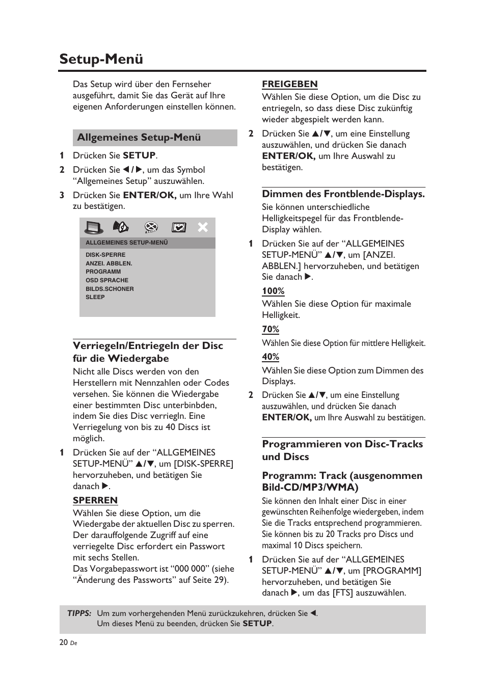 Setup-menü, Allgemeines setup-menü, Verriegeln/entriegeln der disc für die wiedergabe | Dimmen des frontblende-displays, Programmieren von disc-tracks und discs | Yamaha DV-C6860 User Manual | Page 96 / 148