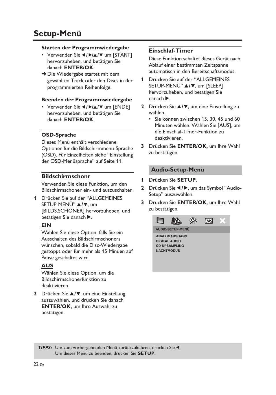 Osd-sprache, Bildschirmschonr, Einschlaf-timer | Audio-setup-menü, Osd-sprache bildschirmschonr einschlaf-timer, Setup-menü | Yamaha DV-C6860 User Manual | Page 98 / 148