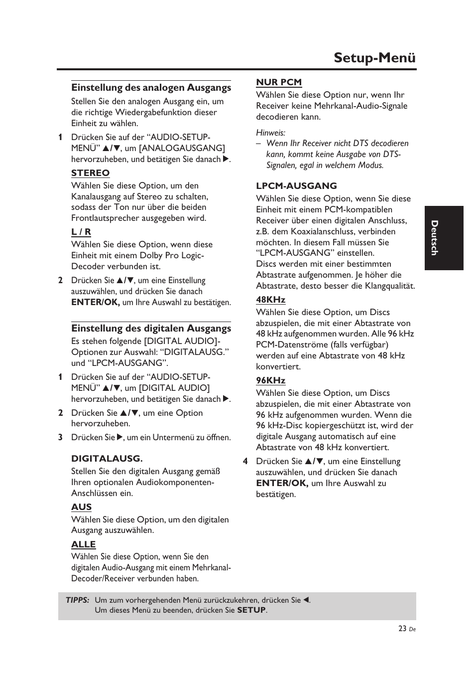 Einstellung des analogen ausgangs, Einstellung des digitalen ausgangs, Setup-menü | Yamaha DV-C6860 User Manual | Page 99 / 148