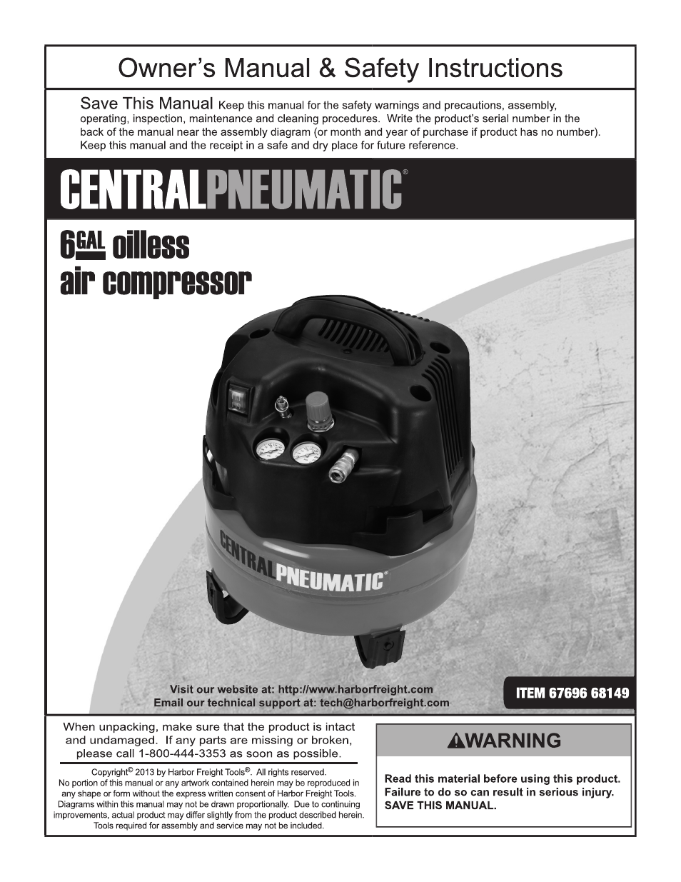 Harbor Freight Tools Central Pneumatic Six Gallon Oilless Air Compressor 67696 User Manual | 20 pages