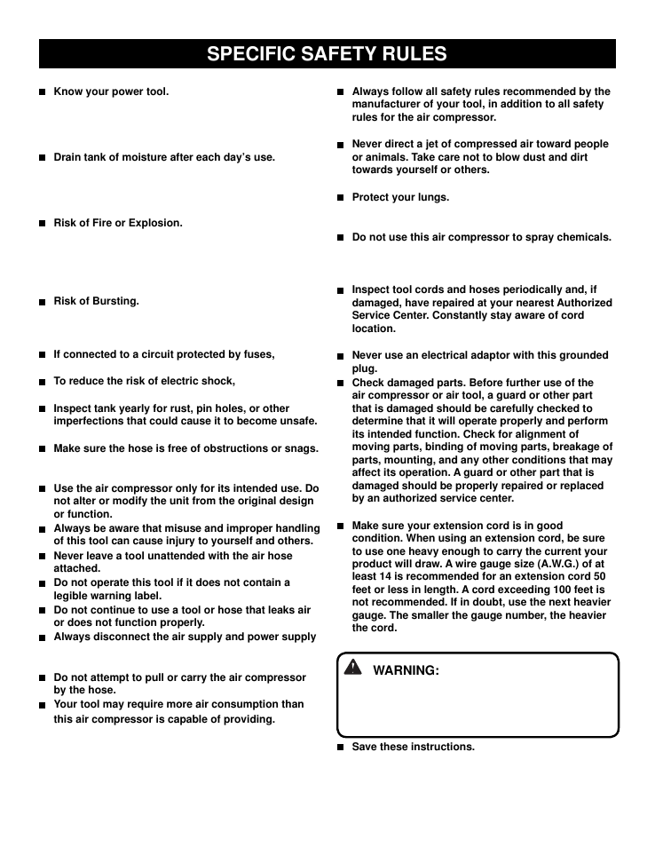 Specific safety rules | Harbor Freight Tools Central Pneumatic Six Gallon Oilless Air Compressor 67696 User Manual | Page 5 / 20