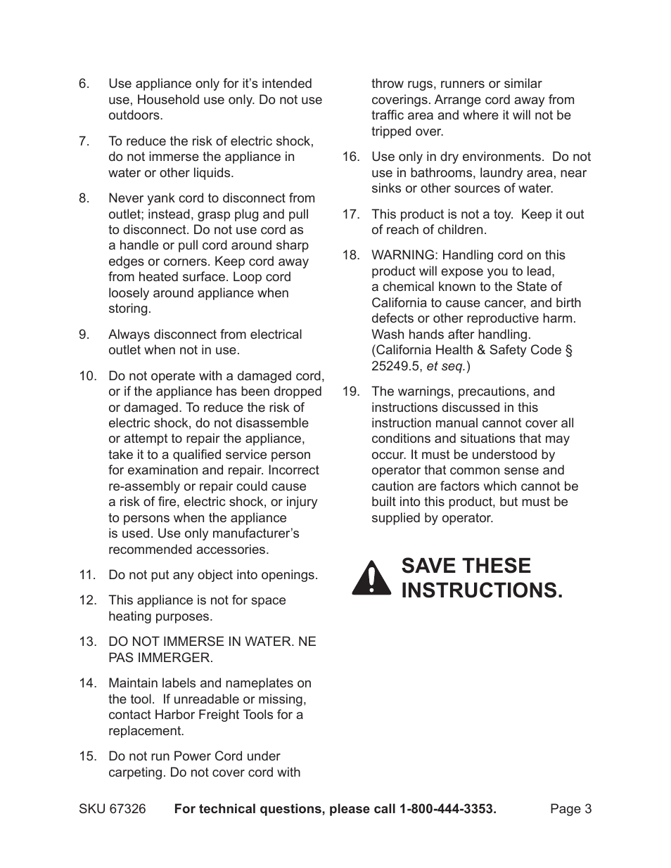 Save these instructions | Harbor Freight Tools Four Post Boot & Glove Dryer 67326 User Manual | Page 3 / 8