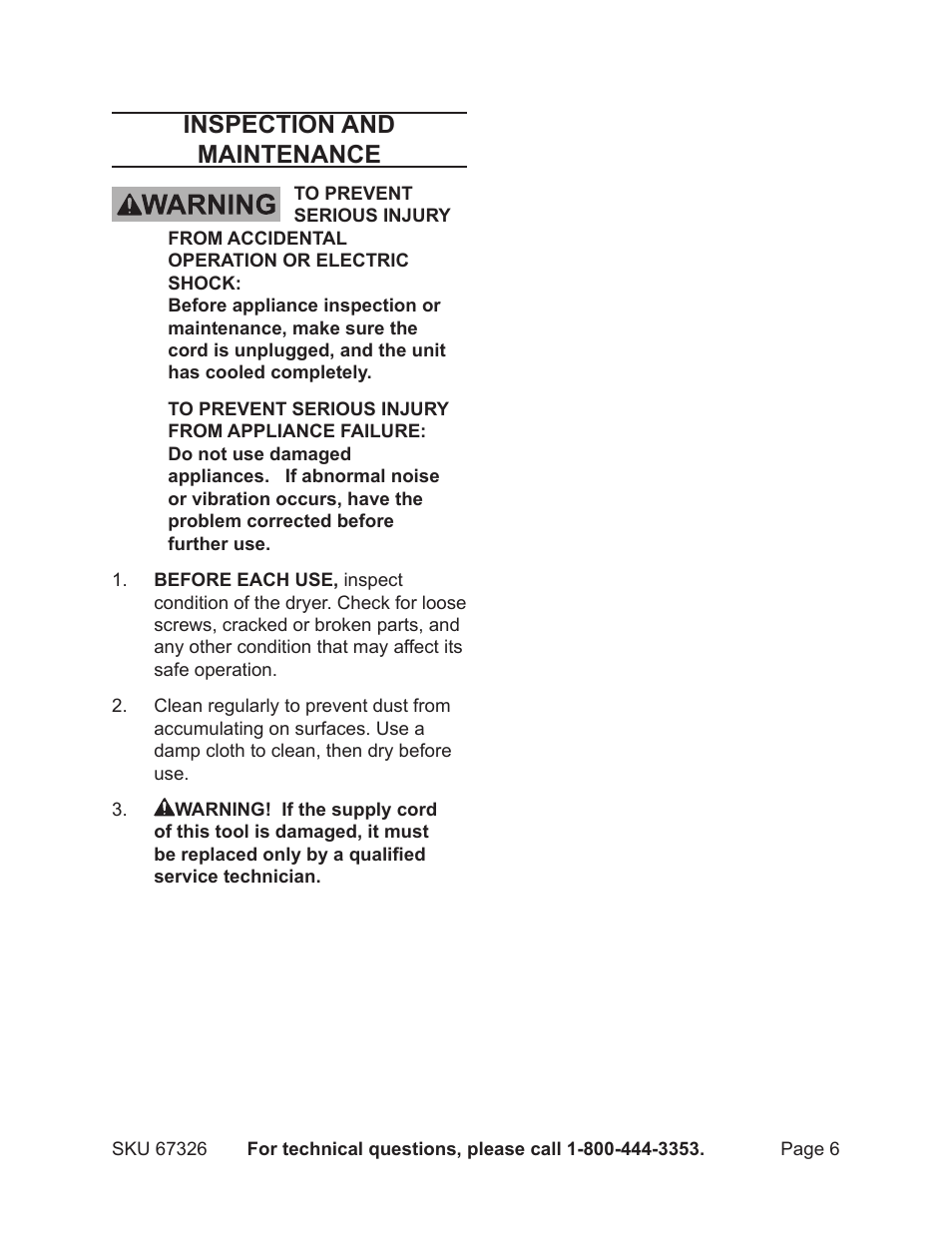 Inspection and maintenance | Harbor Freight Tools Four Post Boot & Glove Dryer 67326 User Manual | Page 6 / 8