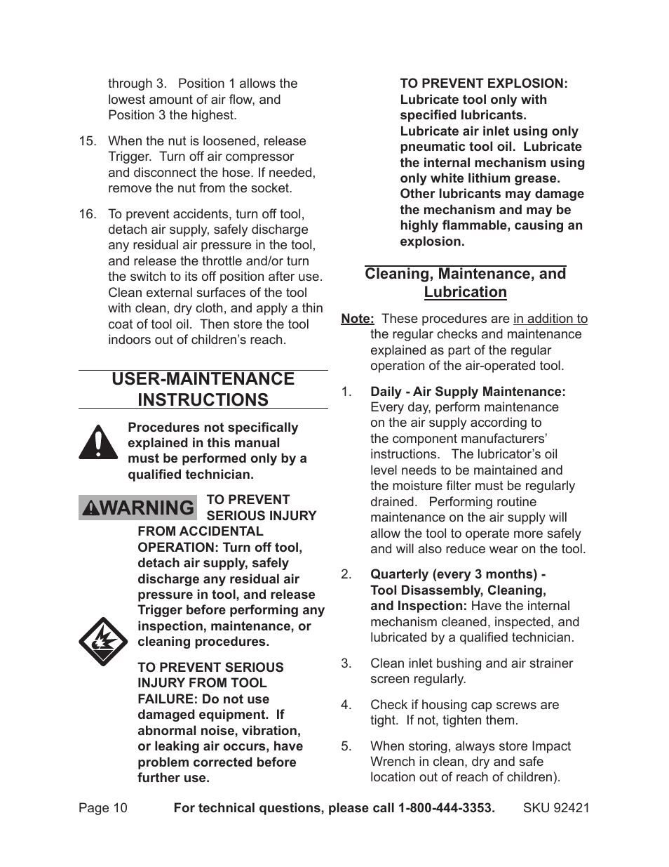 User-maintenance instructions | Harbor Freight Tools 92421 User Manual | Page 10 / 14