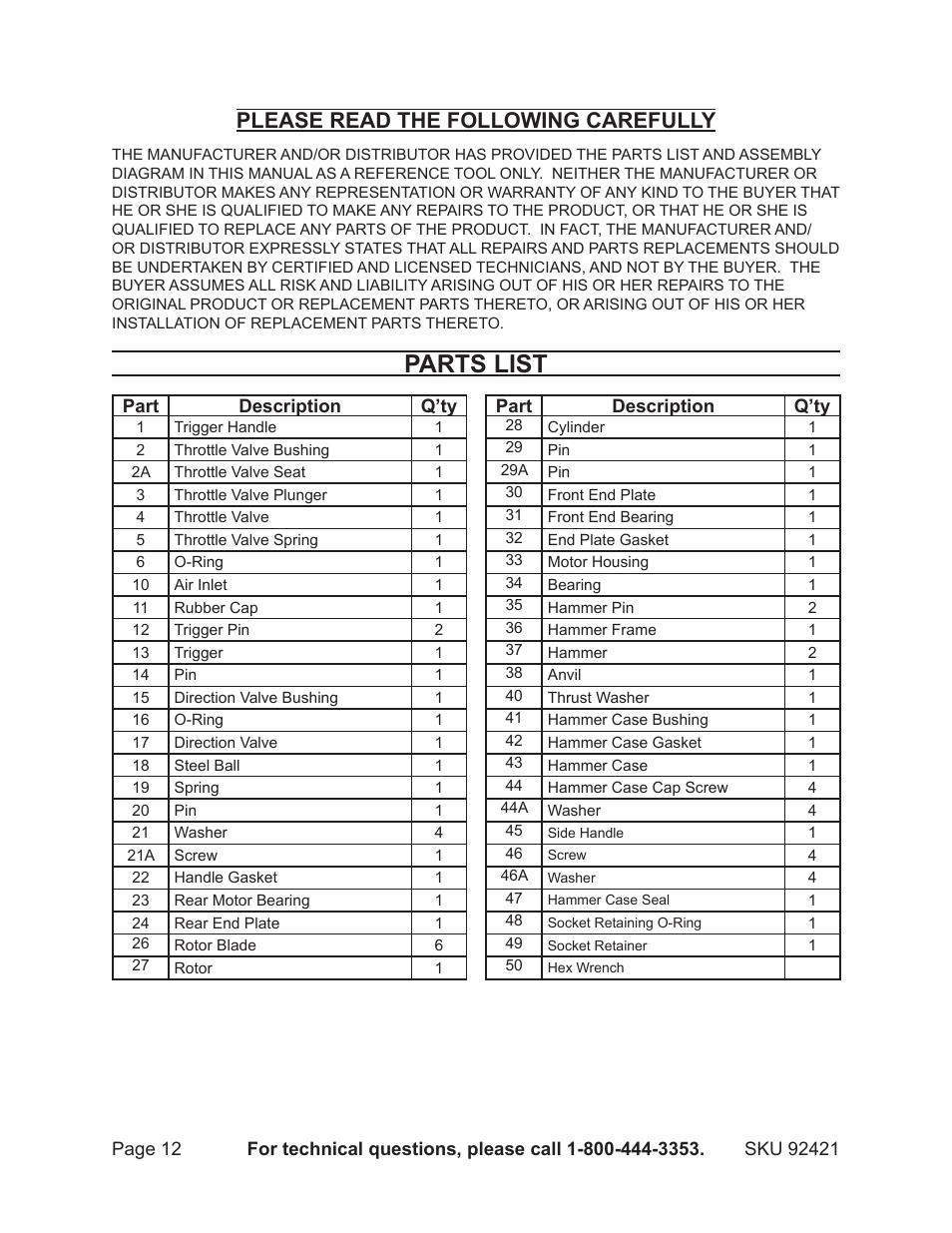 Parts list, Please read the following carefully | Harbor Freight Tools 92421 User Manual | Page 12 / 14