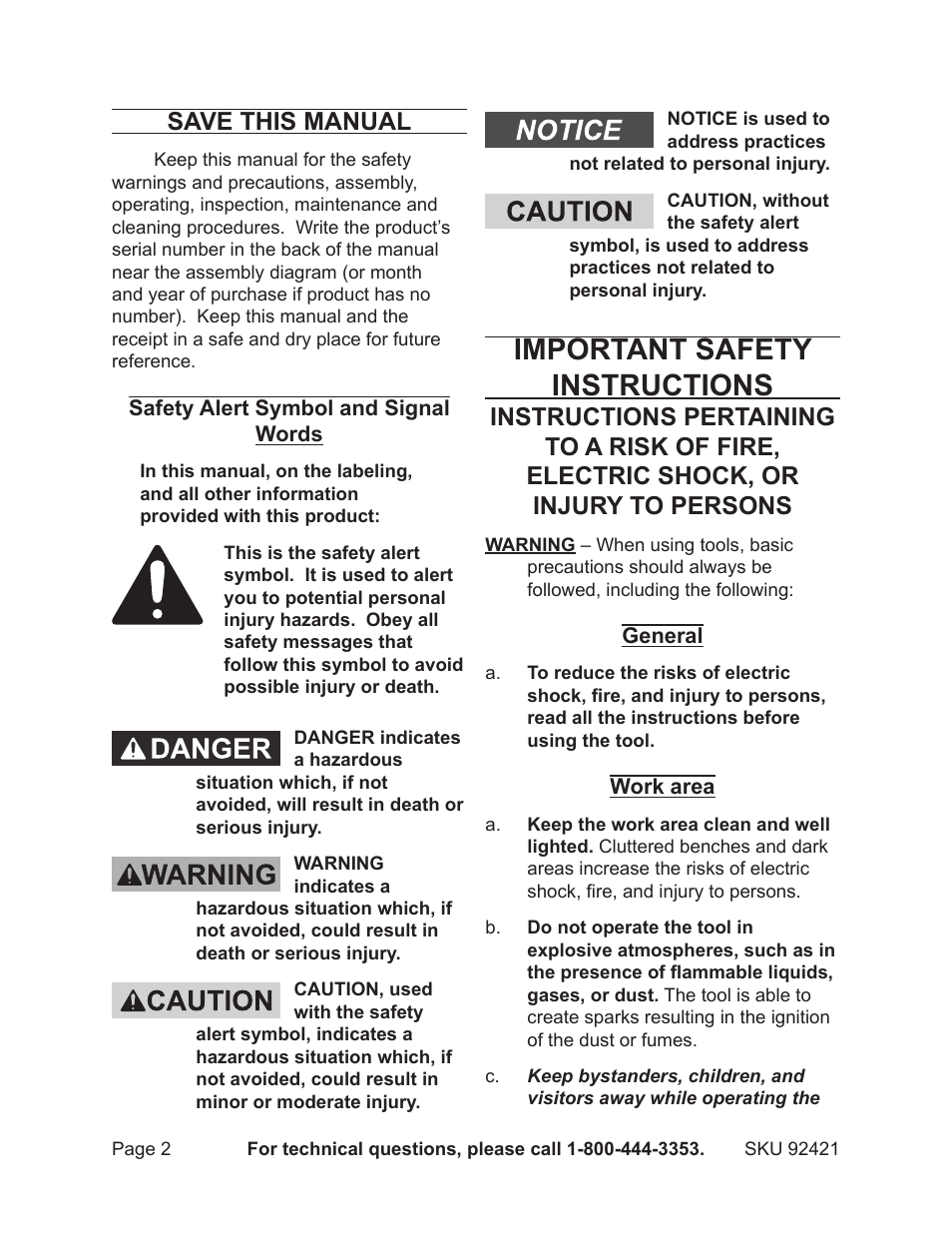 Important safety instructions, Save this manual | Harbor Freight Tools 92421 User Manual | Page 2 / 14