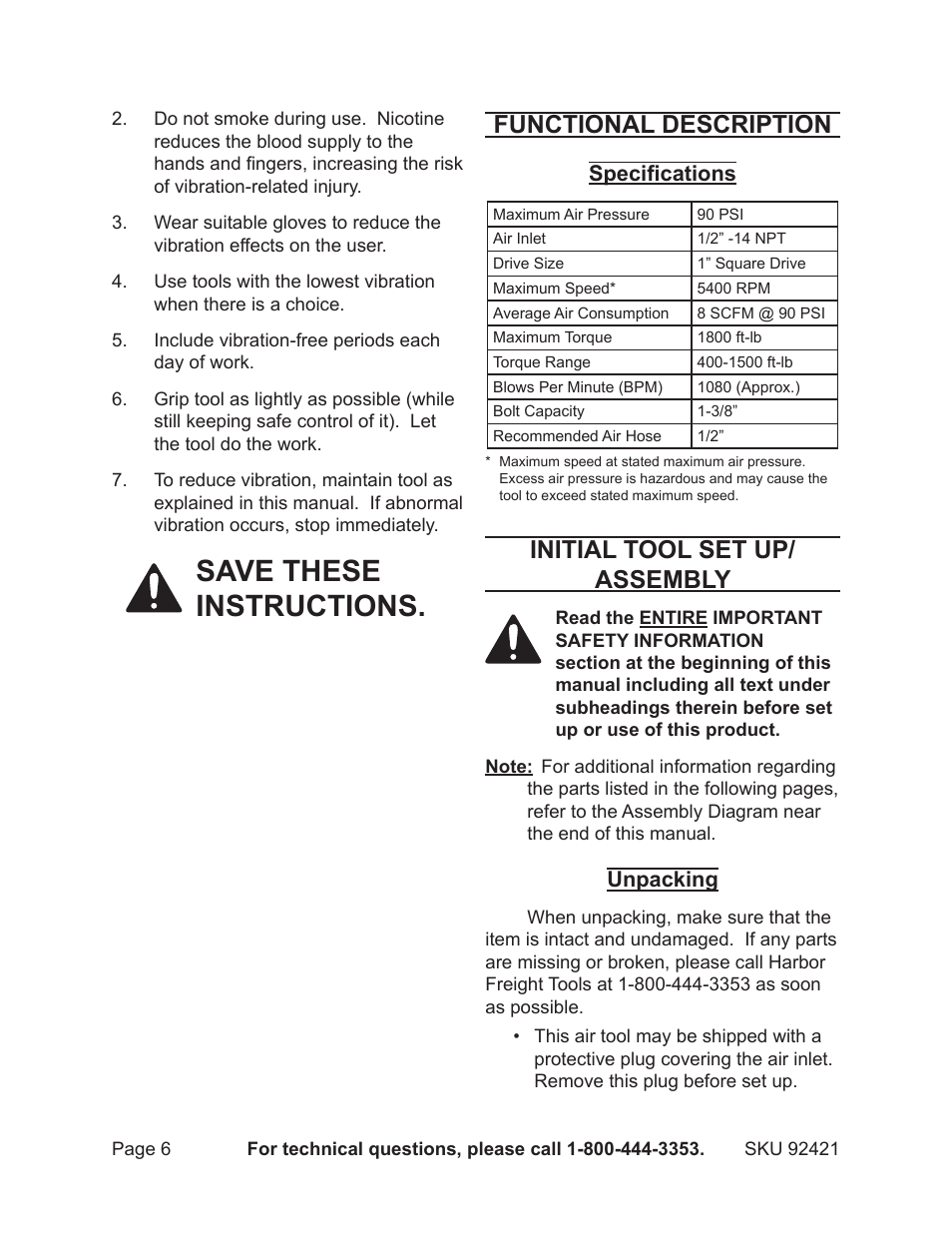 Save these instructions, Functional description, Initial tool set up/ assembly | Harbor Freight Tools 92421 User Manual | Page 6 / 14