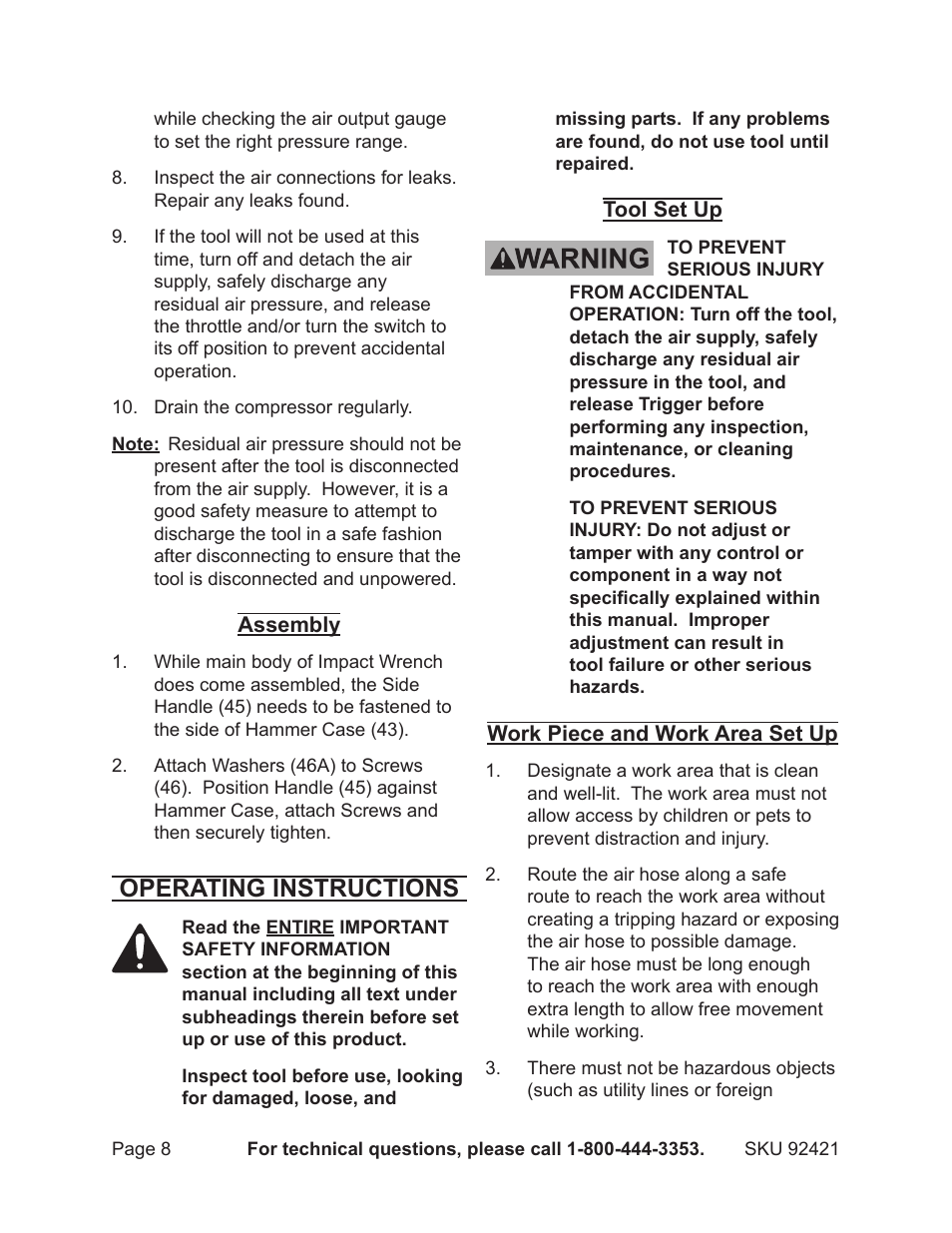 Operating instructions | Harbor Freight Tools 92421 User Manual | Page 8 / 14