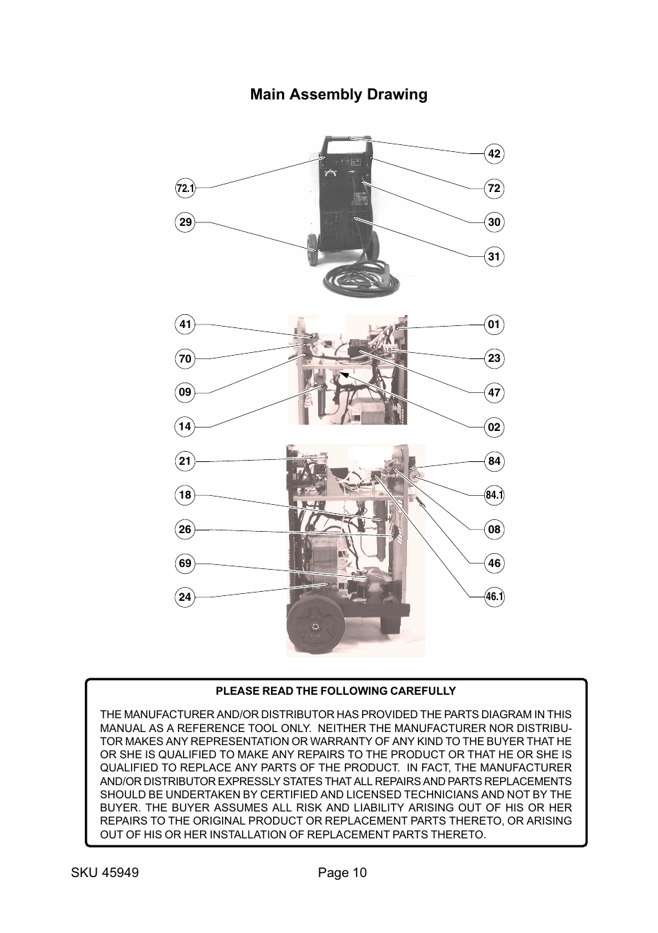 Main assembly drawing | Harbor Freight Tools 45949 User Manual | Page 10 / 12