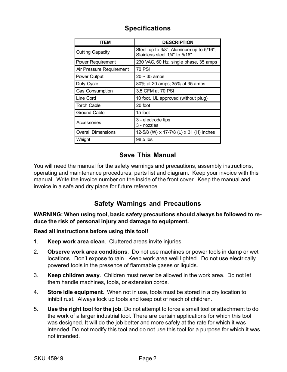 Specifications, Save this manual, Safety warnings and precautions | Harbor Freight Tools 45949 User Manual | Page 2 / 12