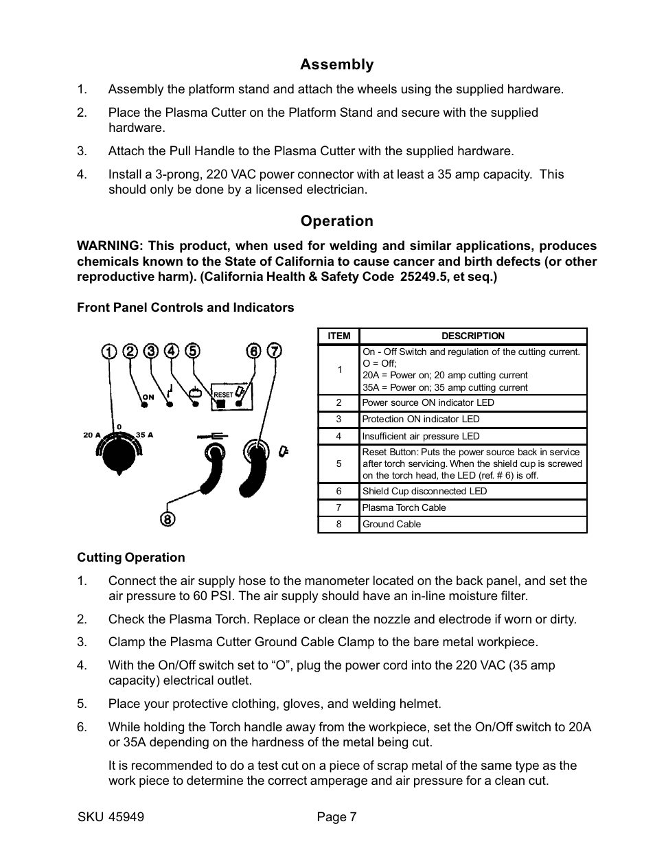 Assembly, Operation | Harbor Freight Tools 45949 User Manual | Page 7 / 12